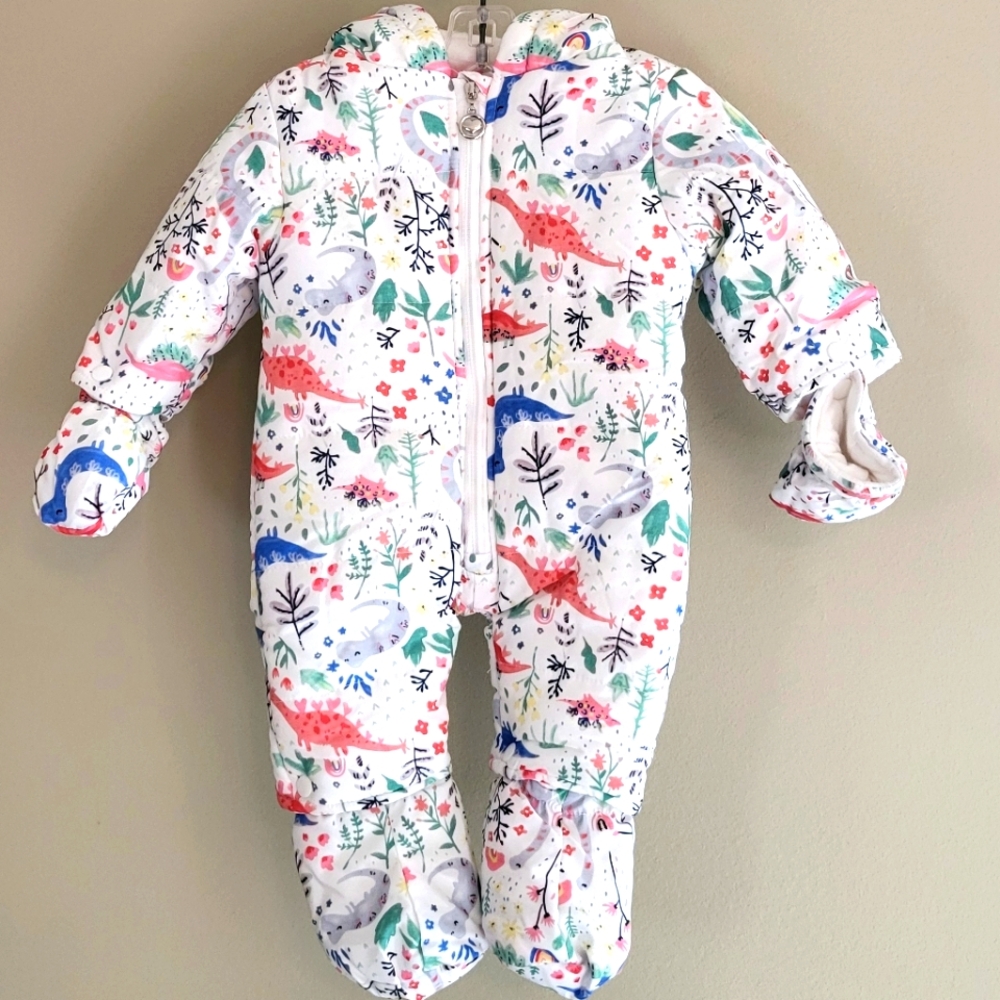 Colorful one piece dinosaur print hooded snowsuit